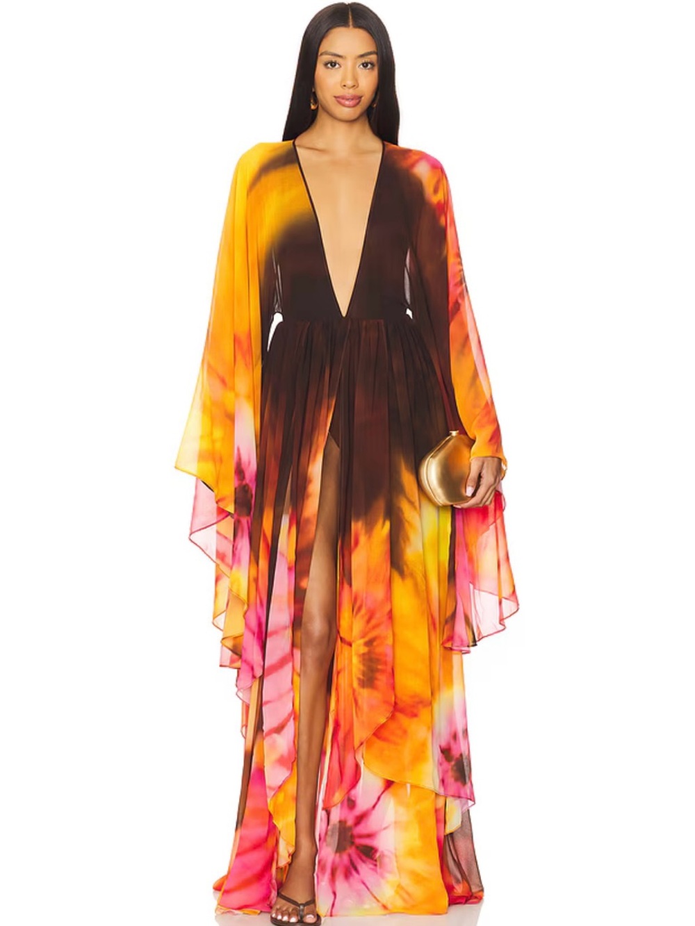 Retrofete Multi‑Color Tie‑Dye Maxi Dress (orange, pink, brown)